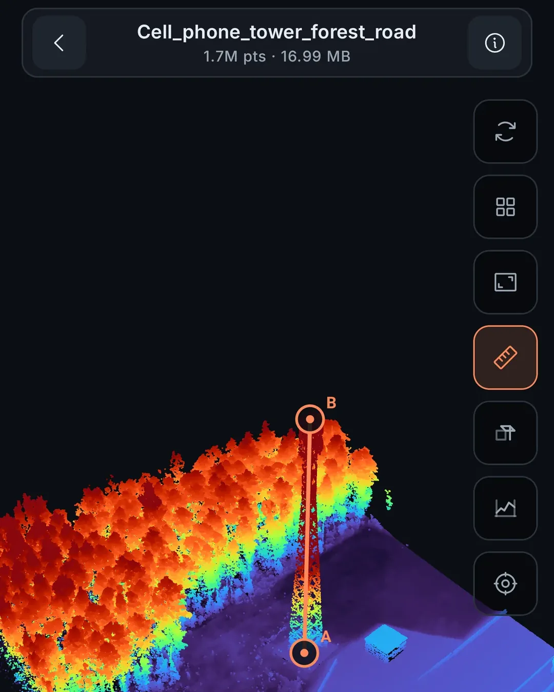 LasViewer workspace running on an Android phone.
