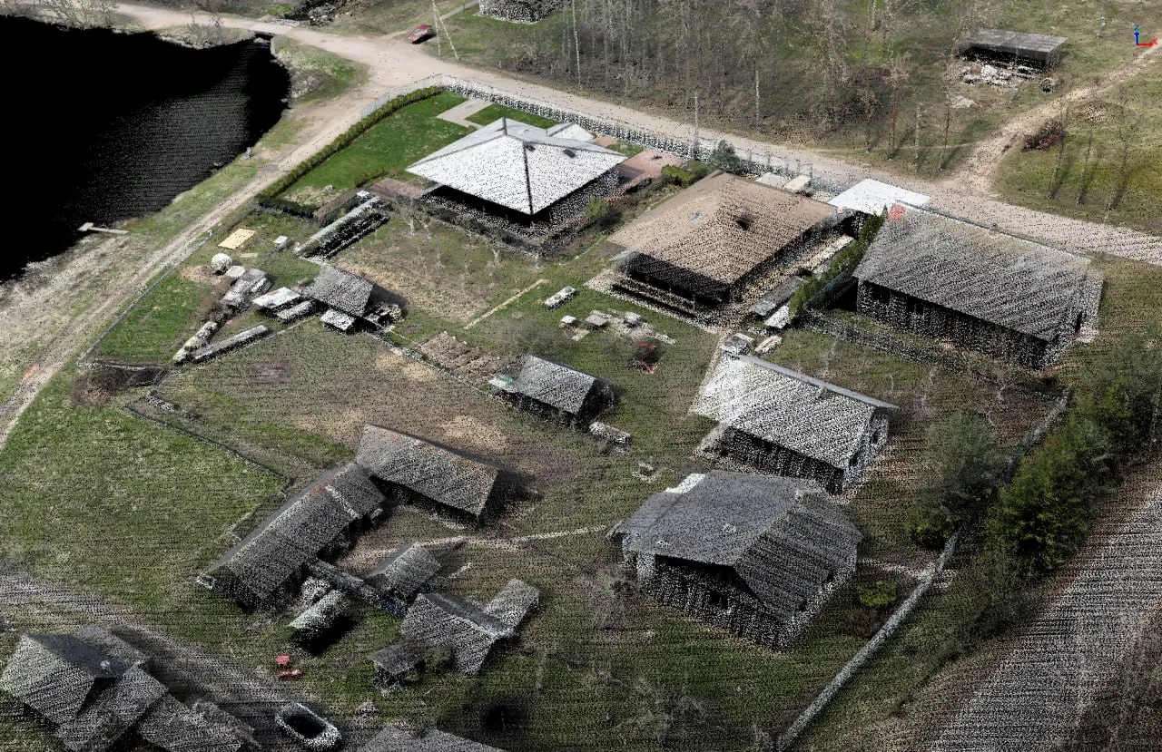 Aerial point-cloud view of a surveyed built site