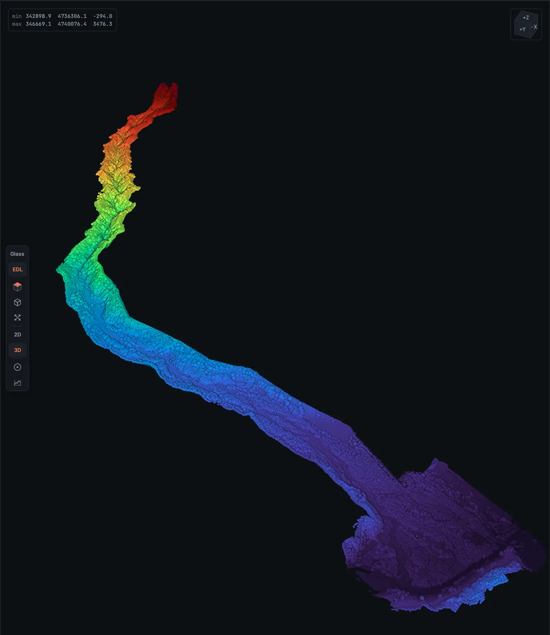 River canyon point cloud with eye-dome lighting in the LasViewer desktop workspace.