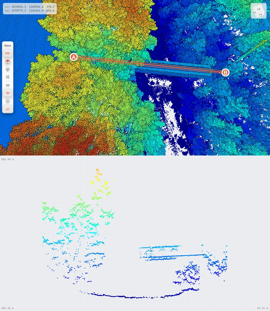 Cross-section profile between points A and B through forest in a point cloud.