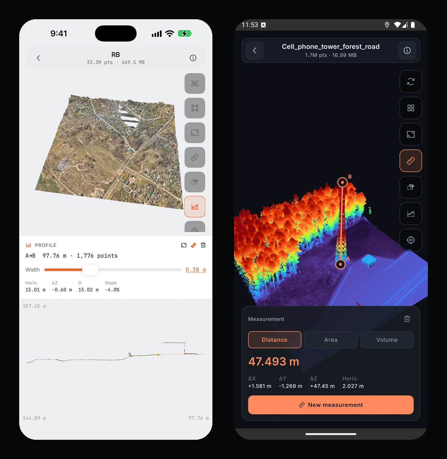 LasViewer on iPhone and on an Android phone: an elevation profile across a 33-million-point survey, and a cell tower height measured in the point cloud
